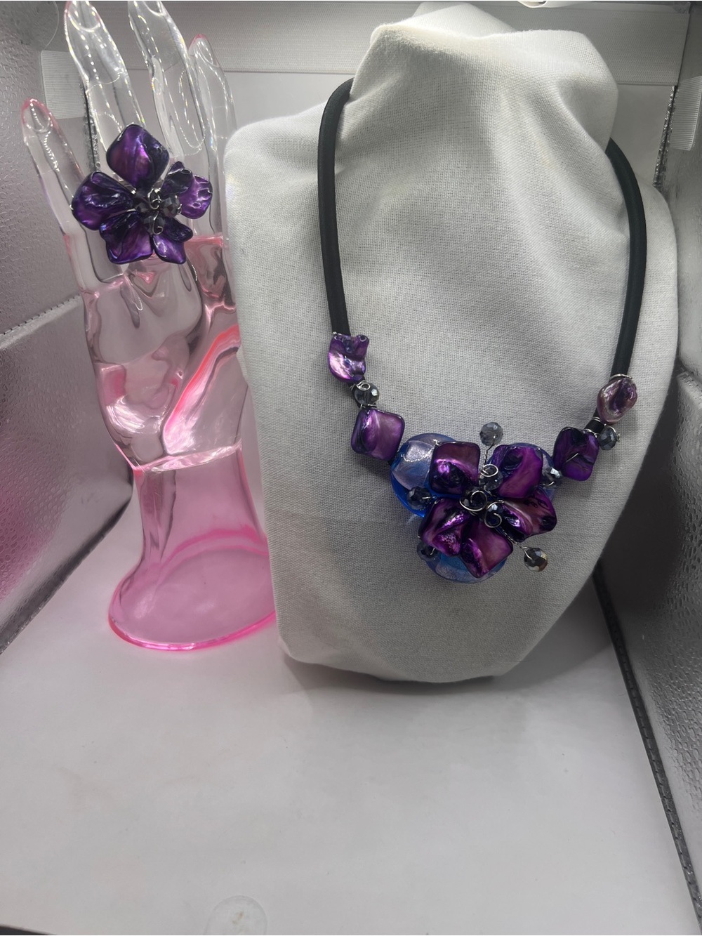 Purple and Blue Floral statement necklace and Ring